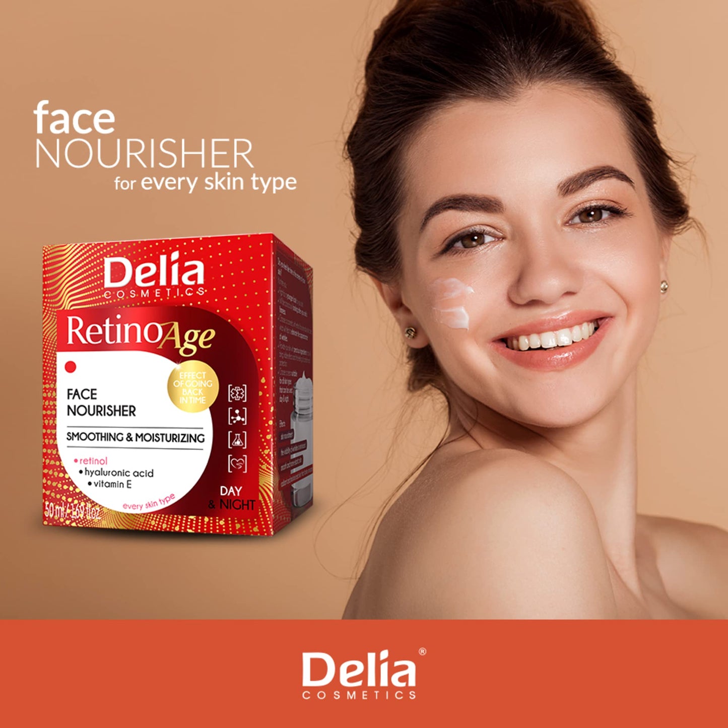 Delia Cosmetics - Retinoage - Face Cream – Retinol, Q10, Shea Butter, Macadamia Oil, Aloe Vera Gel, Vitamin E – Firming, Nourishing, Anti Aging, Day & Night Cream - 50ml