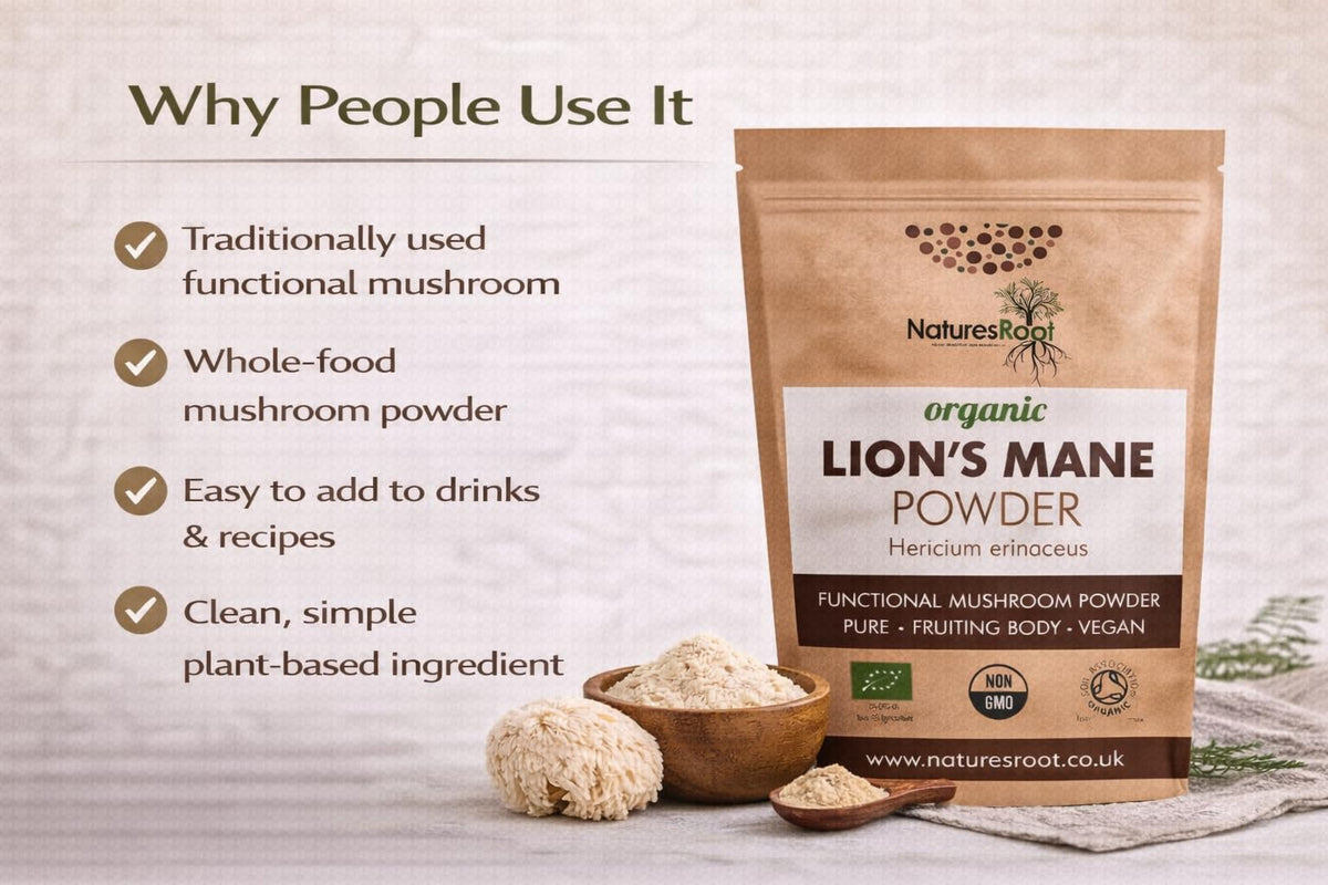 Natures Root Nature’s Root Organic Lion’s Mane Mushroom Powder 200g – 100% Fruiting Body (Hericium erinaceus) – Finely Milled Vegan Mushroom Powder for Coffee, Smoothies & Hot Drinks – No Fillers