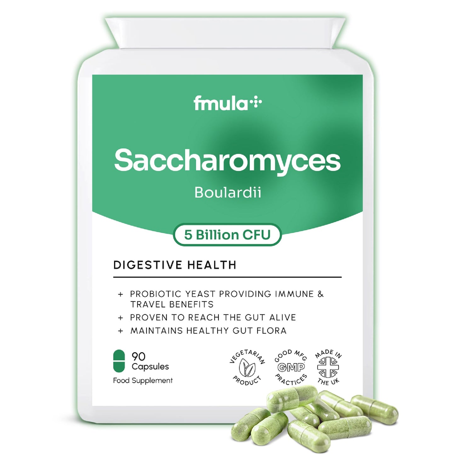 fmula+ Saccharomyces Boulardii Supplement | 5 Billion CFU Yeast Probiotic Capsules with Vitamin D3, Olive Leaf & Biotin for Gut Balance & Immune Support | No Refrigeration Required | UK Made | 90 Capsules