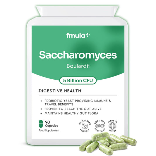 fmula+ Saccharomyces Boulardii Supplement | 5 Billion CFU Yeast Probiotic Capsules with Vitamin D3, Olive Leaf & Biotin for Gut Balance & Immune Support | No Refrigeration Required | UK Made | 90 Capsules