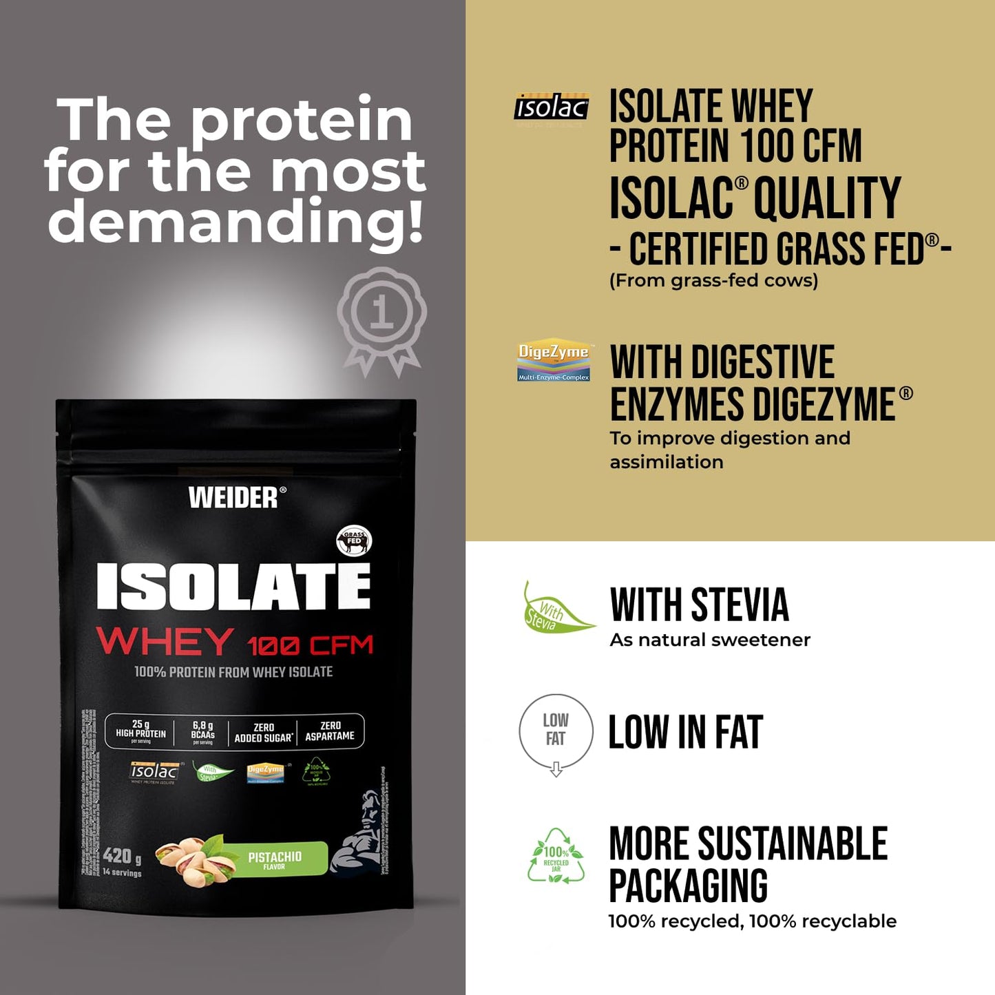 Weider Isolate Whey 100CFM (420g) Pistachio Flavour, Protein 100% Isolate Whey from Isolac®, 25g Protein/Portion, with Digestive Enzymes Digezyme®, No Added Sugar, No Aspartame, Low Fat, 14 servings