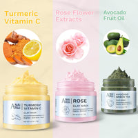ANAiRUi Clay Mask Set for Skin Care - included Turmeric Vitamin C + Rose + Avocado Green Tea Face Mask - Deep Cleansing, Hydrating, and Nourishing - Reduces Acne and Pores, 210g