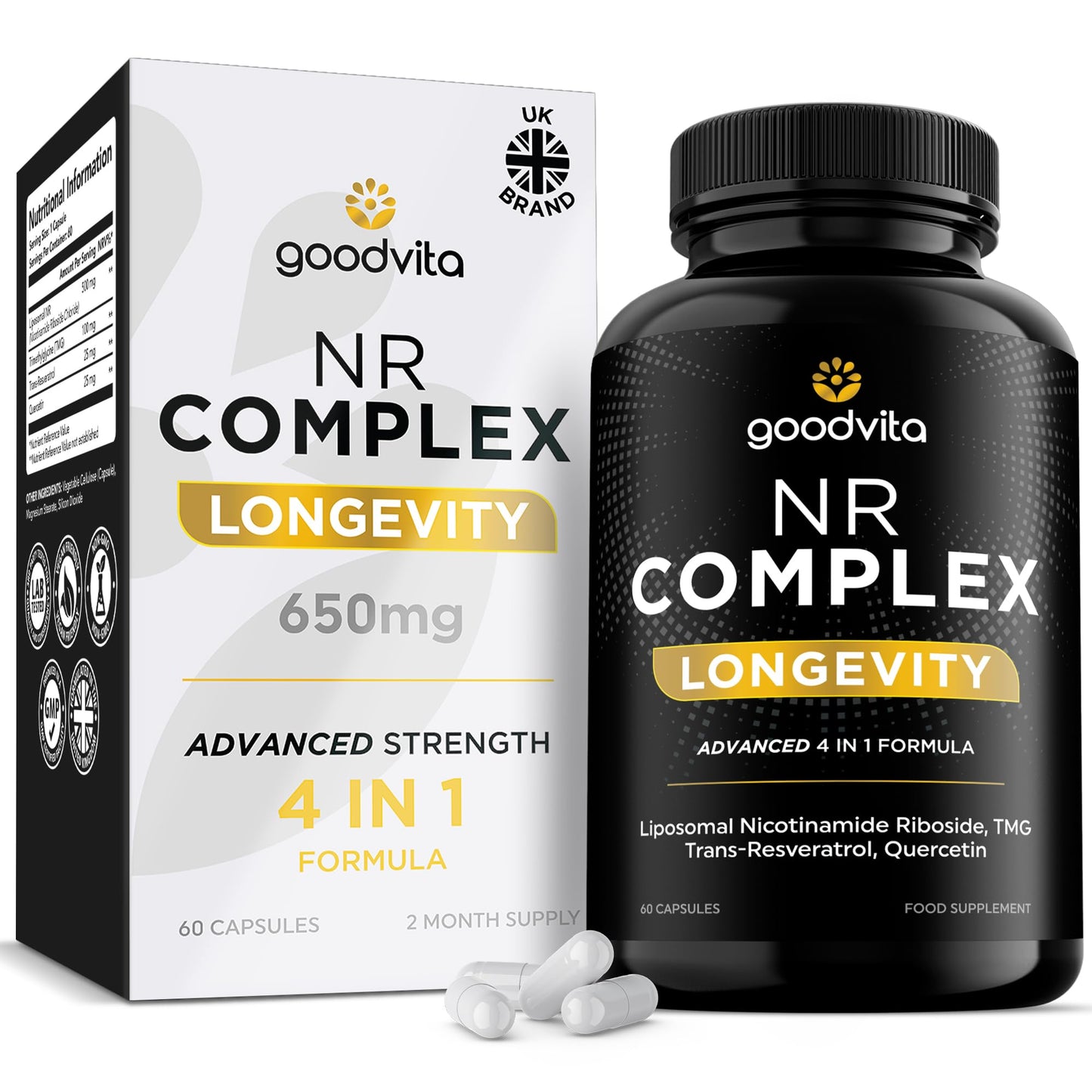 Goodvita Nicotinamide Riboside NR Supplement (4 in 1 Complex) 60 Caps, 2 Months Supply | UK Made | Boost NAD+ Anti-Aging | TMG Resveratrol Quercetin | Liposomal Highest Bioavailability
