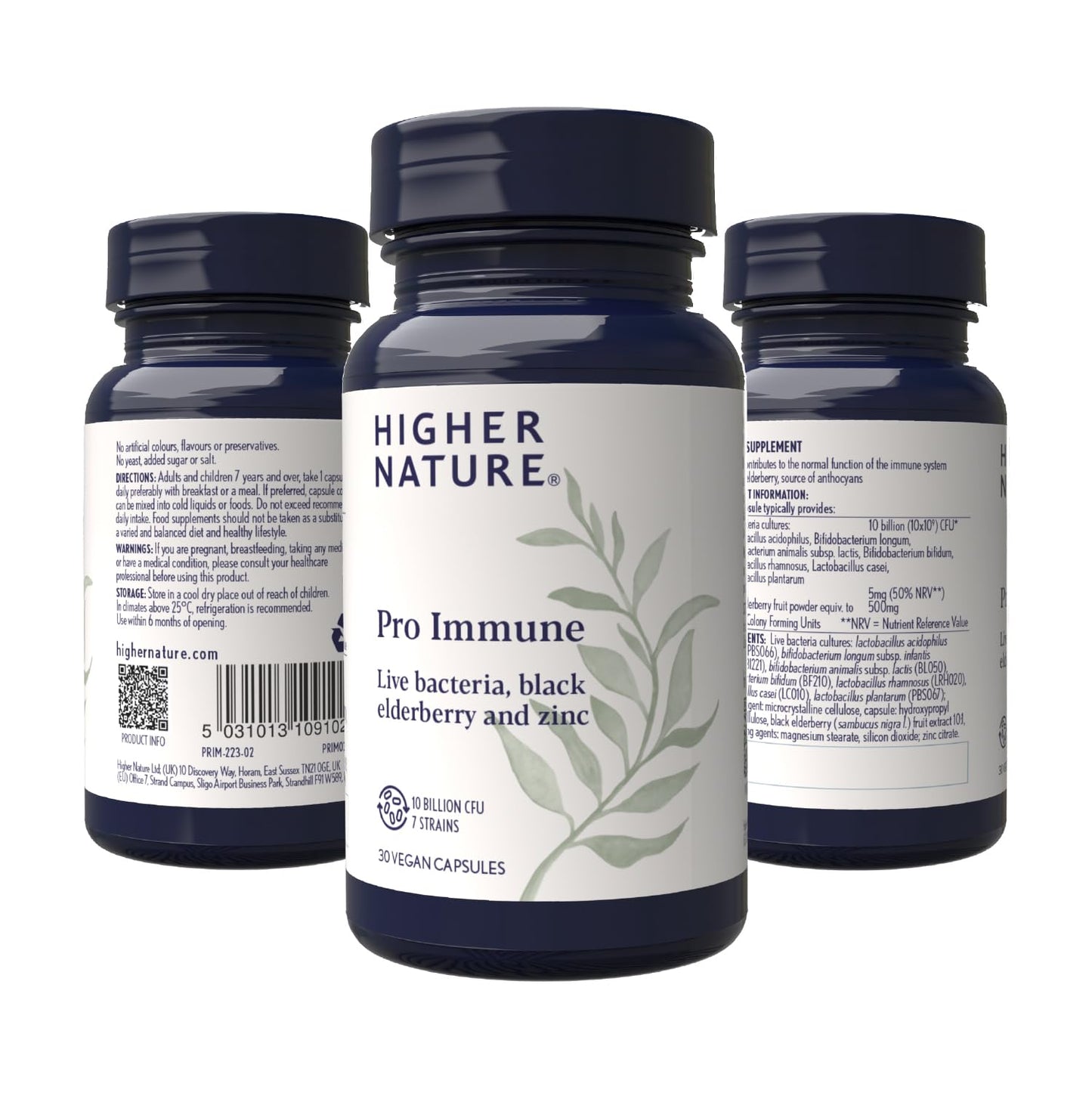 HIGHER NATURE Higher Nature - Pro Immune - Triple Action Immune Support Probiotic - Live Bacteria, Black Elderberry and Zinc - 7 Bacteria Strains - 10 Billion CFUs - Vegan Probiotics - 30 Capsules