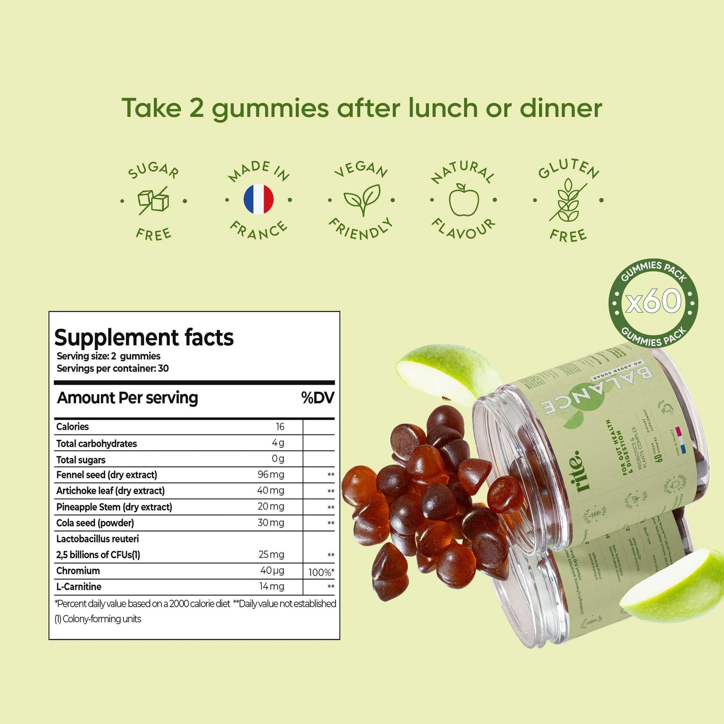 Rite Balance Probiotics Sugar Free Gummies, Gut Health, Digestion, Bloating Relief and Immune Support, Vegan, Apple Flavour (60 Count)