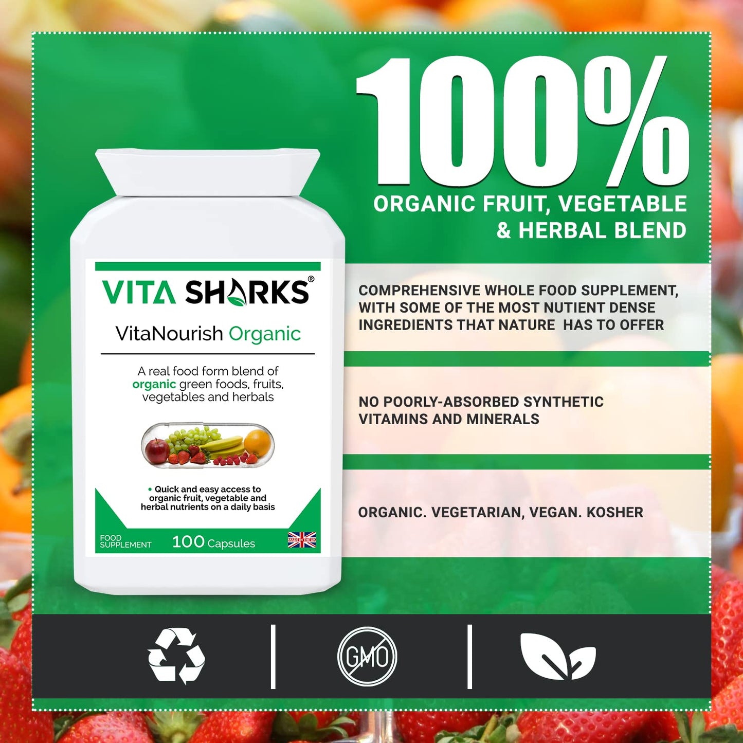 Vita Sharks VitaNourish Organic. Nutrient-Dense Potent Vegan Whole Food Supplement for Total Immunity. Essential Vitamins & Minerals from 100% Organic Kosher Fruit, Vegetable & Herbal Blend