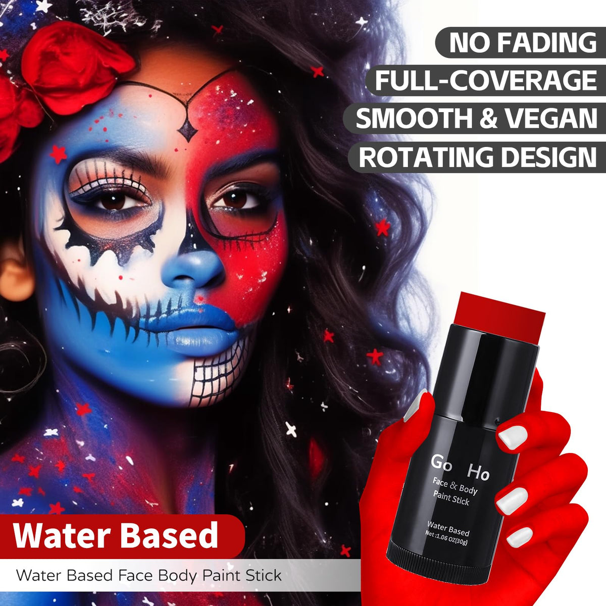 Go Ho Water Based Red Face Paint Stick Washable (1.06 Oz),Non-toxic Cream Body Paint,Full-coverage Face Body Paint Makeup Stick for Adults Theater Halloween SFX Cosplay