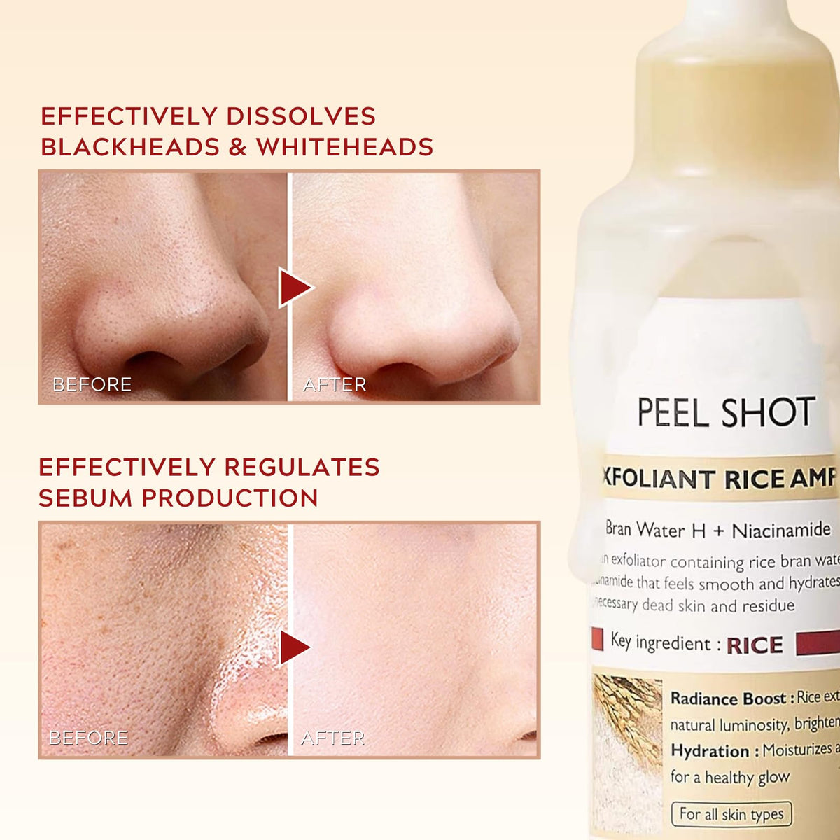 Lumiter Peel Shot Glow Rice Ampoule Duo, Face Exfoliator Rice Toner, Gentle Exfoliating Face Scrub for Blackhead Remover Dead Skin, Refines Pores, Radiant Complexion, AHA + BHA, Niacinamide, 80ml*2