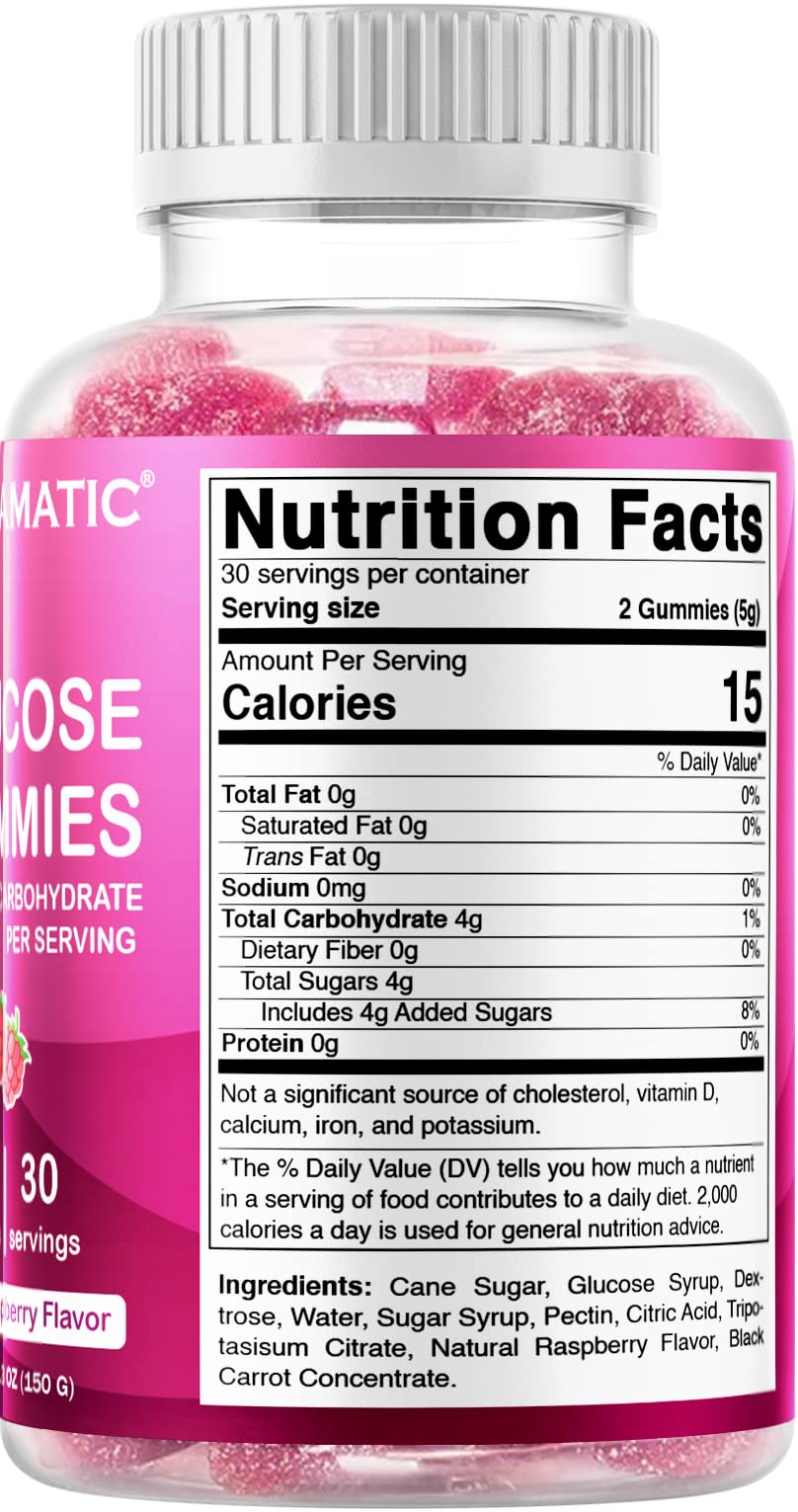 Vitamatic Glucose Chweble Gummies - 60 Count - Natural Raspberry Flavor - 4G of Carbohydrate per Serving