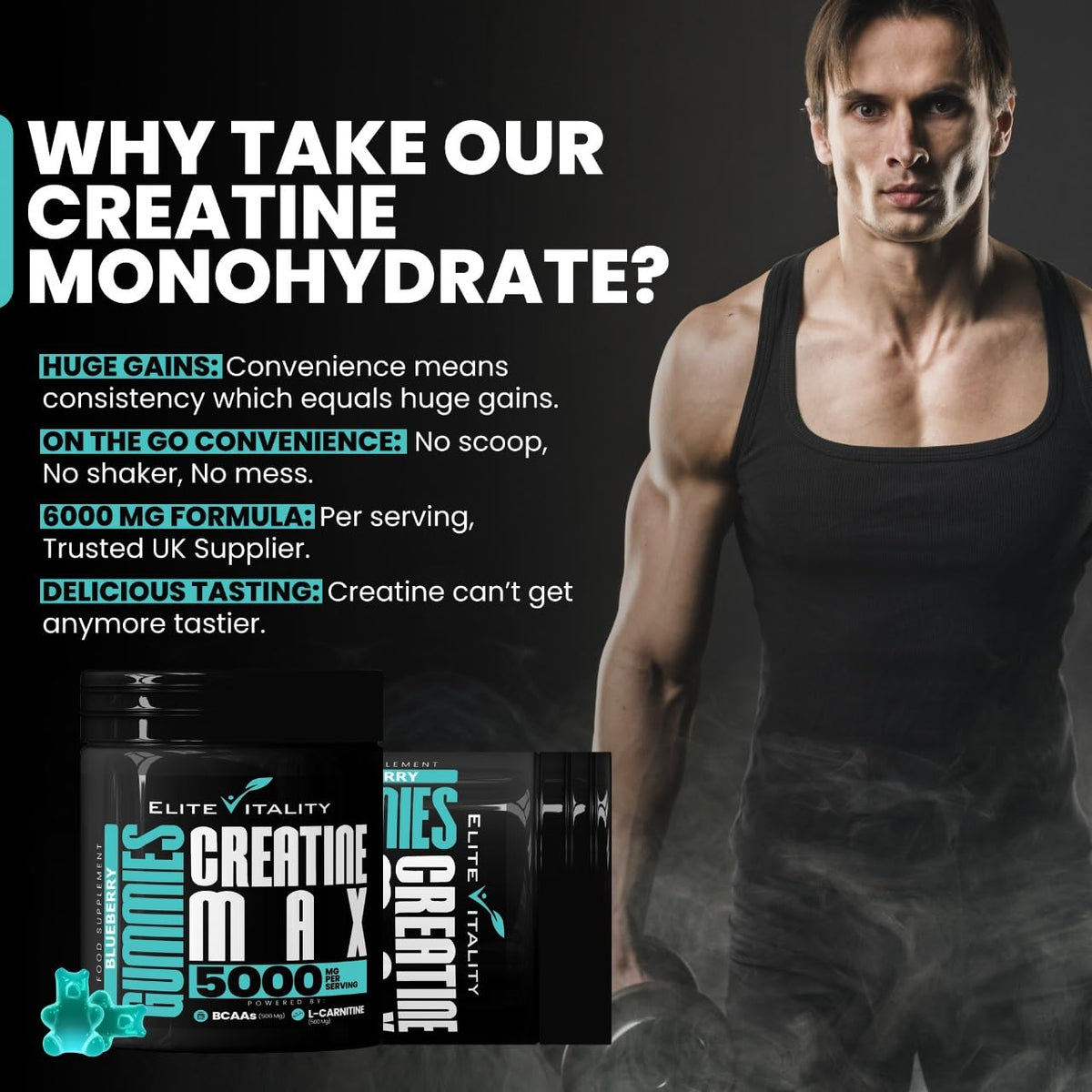 Elite Vitality Creatine Monohydrate 90 Gummies 5000mg + BCAAs & L-Carnitine – 3rd Party Lab Tested, Vegan, Sugar-Free, Pre Workout Muscle Growth & Recovery Gym Supplement for Men & Women – Tangy Blueberry Blast