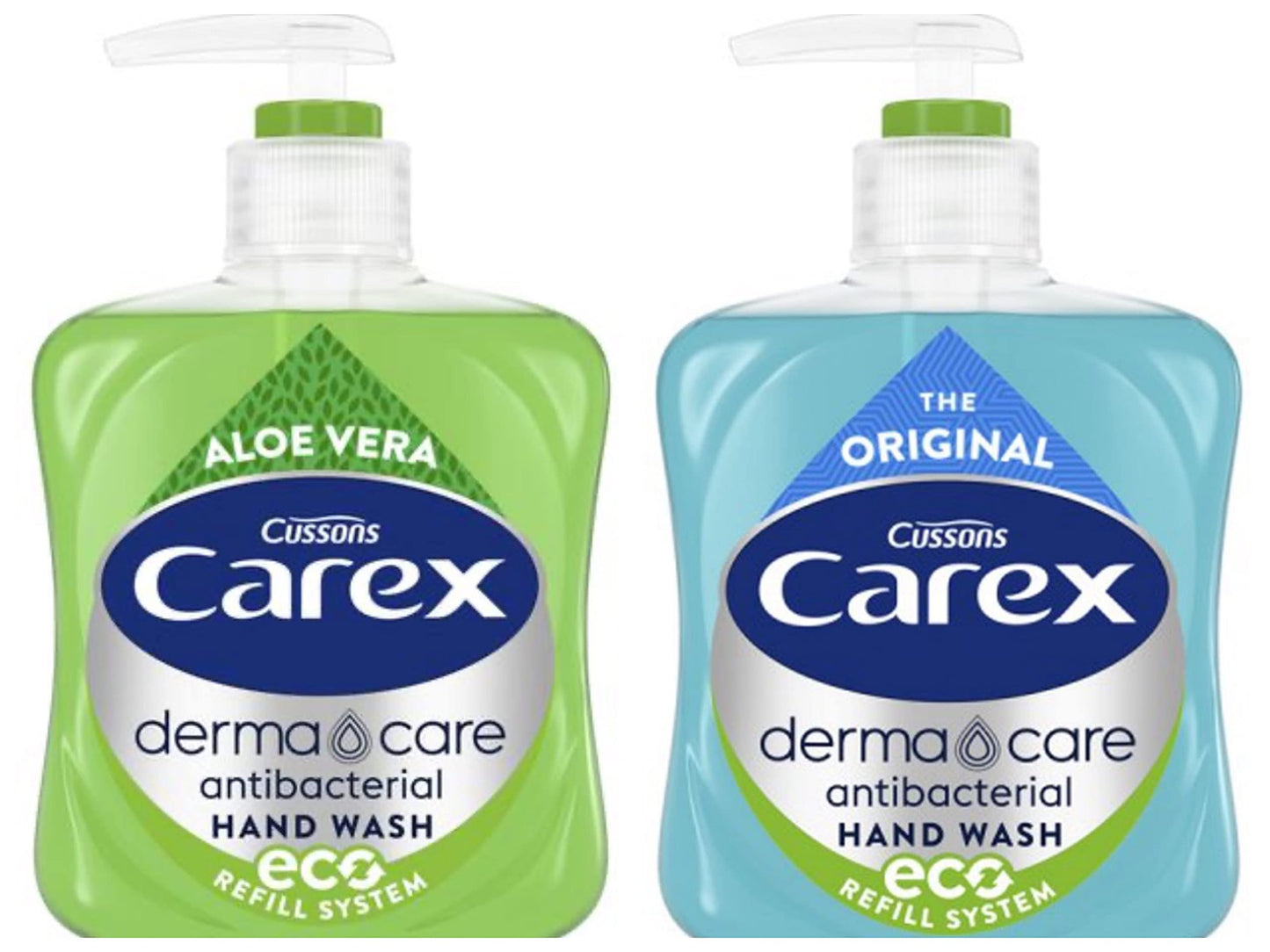 Kingdom Supplies Carex Antibacterial Hand Wash Derma Care Original and Aloe Vera Set 2 x 250ml Eco Refill System Bottles