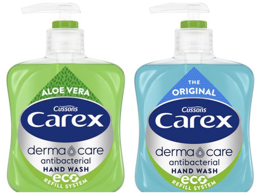 Kingdom Supplies Carex Antibacterial Hand Wash Derma Care Original and Aloe Vera Set 2 x 250ml Eco Refill System Bottles