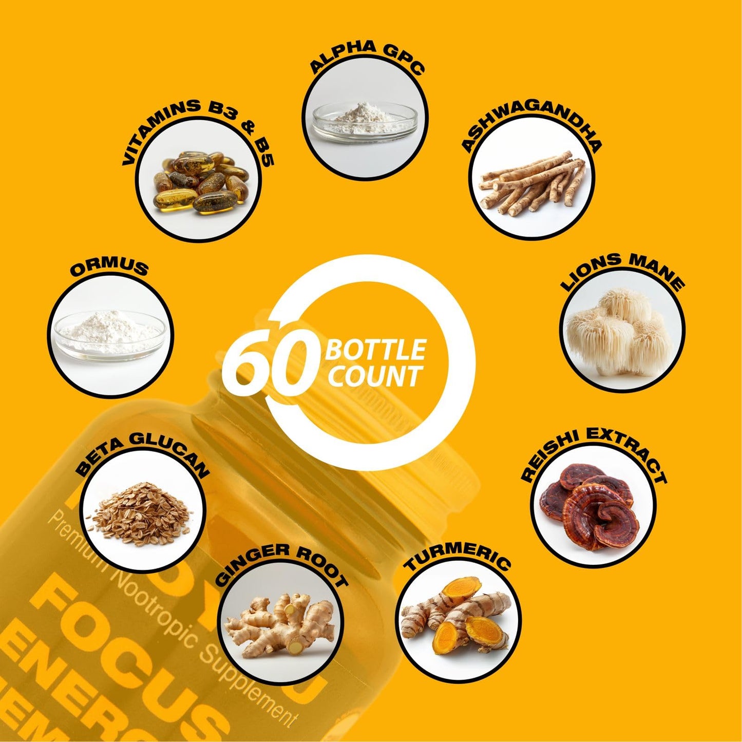 NooYou Nootropic Brain Supplement Mushroom Complex Increased Energy, Focus, Memory Wellbeing Formula Alpha GPC, Lions Mane, Ashwagandha, 60 Capsules