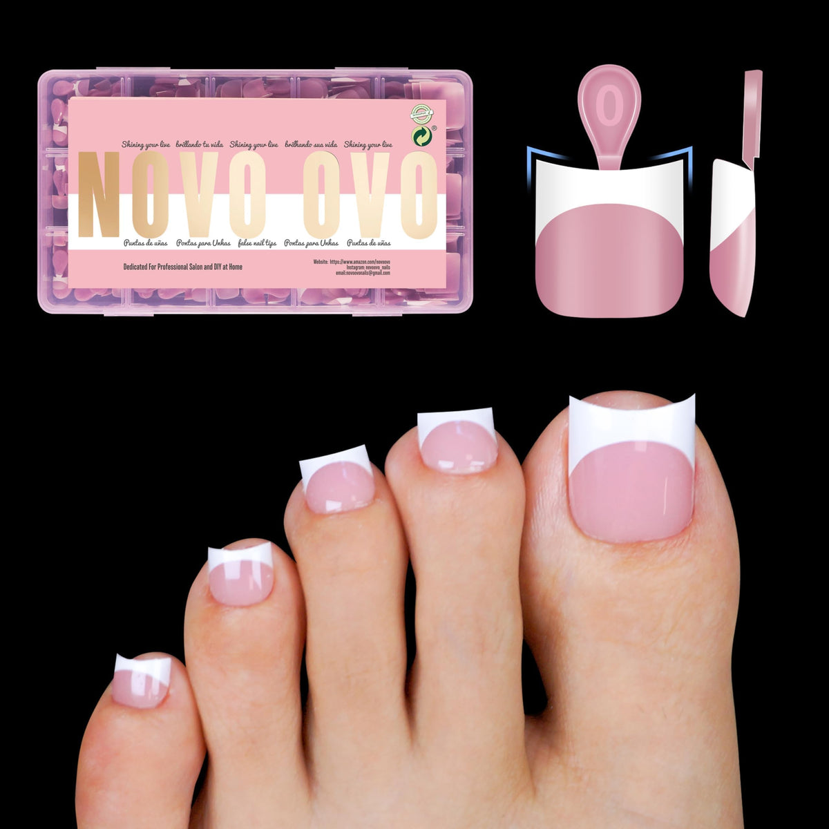 NOVO OVO Halloween Short Toe Nail Tips White French Tip with Moon Curve, BERRY PINK Thick Sharp Square Toenail Extension, Soft Gel False Nail Kit, Need Glue Builder Gel Top Coat x15 Sizes 240 pcs