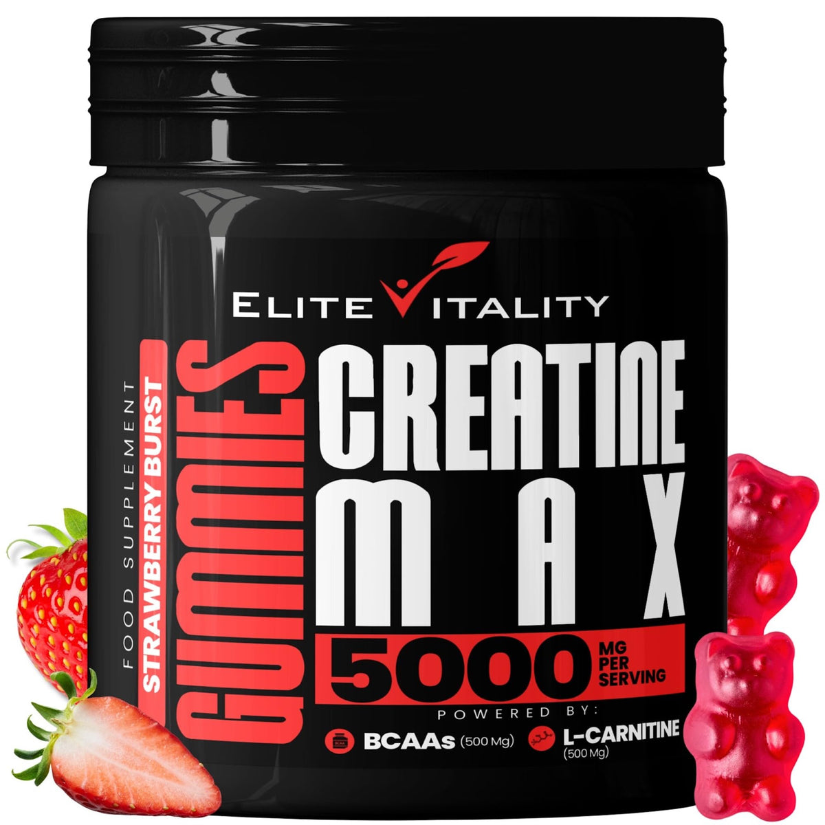 Elite Vitality Creatine Monohydrate 90 Gummies 5000mg + BCAAs & L-Carnitine – 3rd Party Lab Tested, Vegan, Sugar-Free, Pre Workout Muscle Growth & Recovery Gym Supplement for Men & Women – Juicy Strawberry Burst