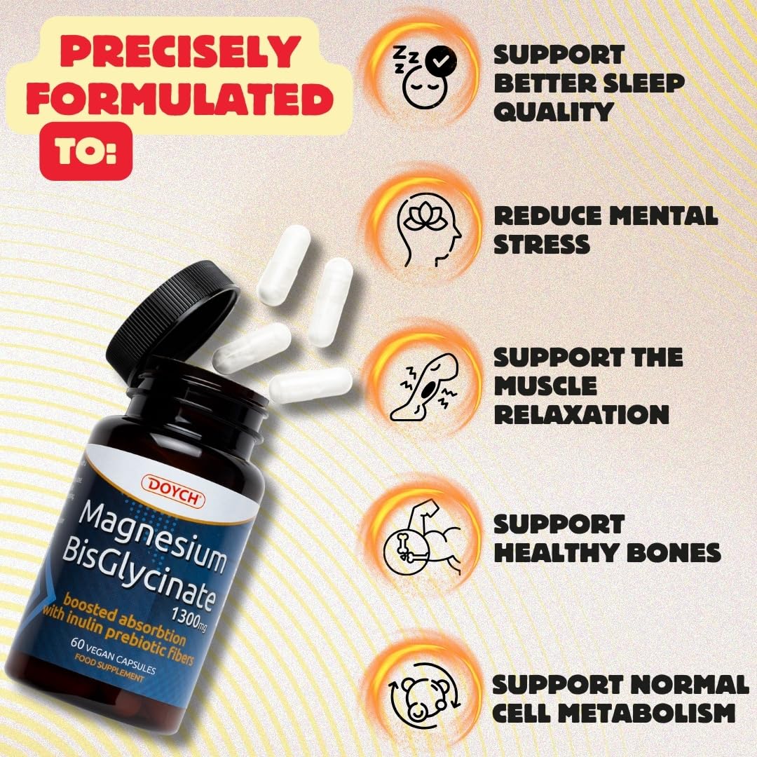 Pure Magnesium Bisglycinate Capsules 1300 mg - Boosted with Prebiotic Inulin Fibers - Highly Absorbable Magnesium Supplements - Gentle on The Digestive System Magnesium Glycinate Powder in Capsules