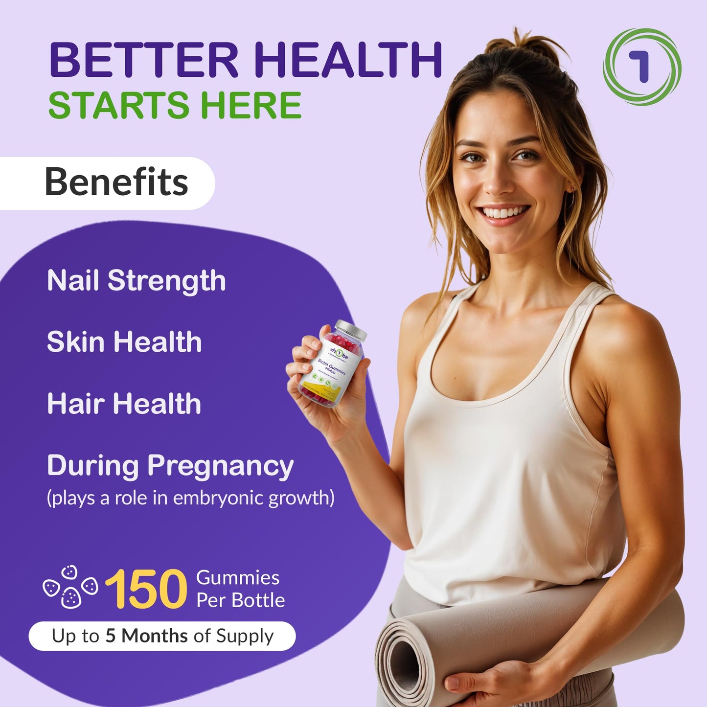 Biotin Gummies 10000mcg Per Serving – 150 High Strength Vitamin B7 for Hair Growth, Skin & Energy Support | Natural Strawberry Flavour Biotin Supplement | Vegan Hair Gummies by vh1be