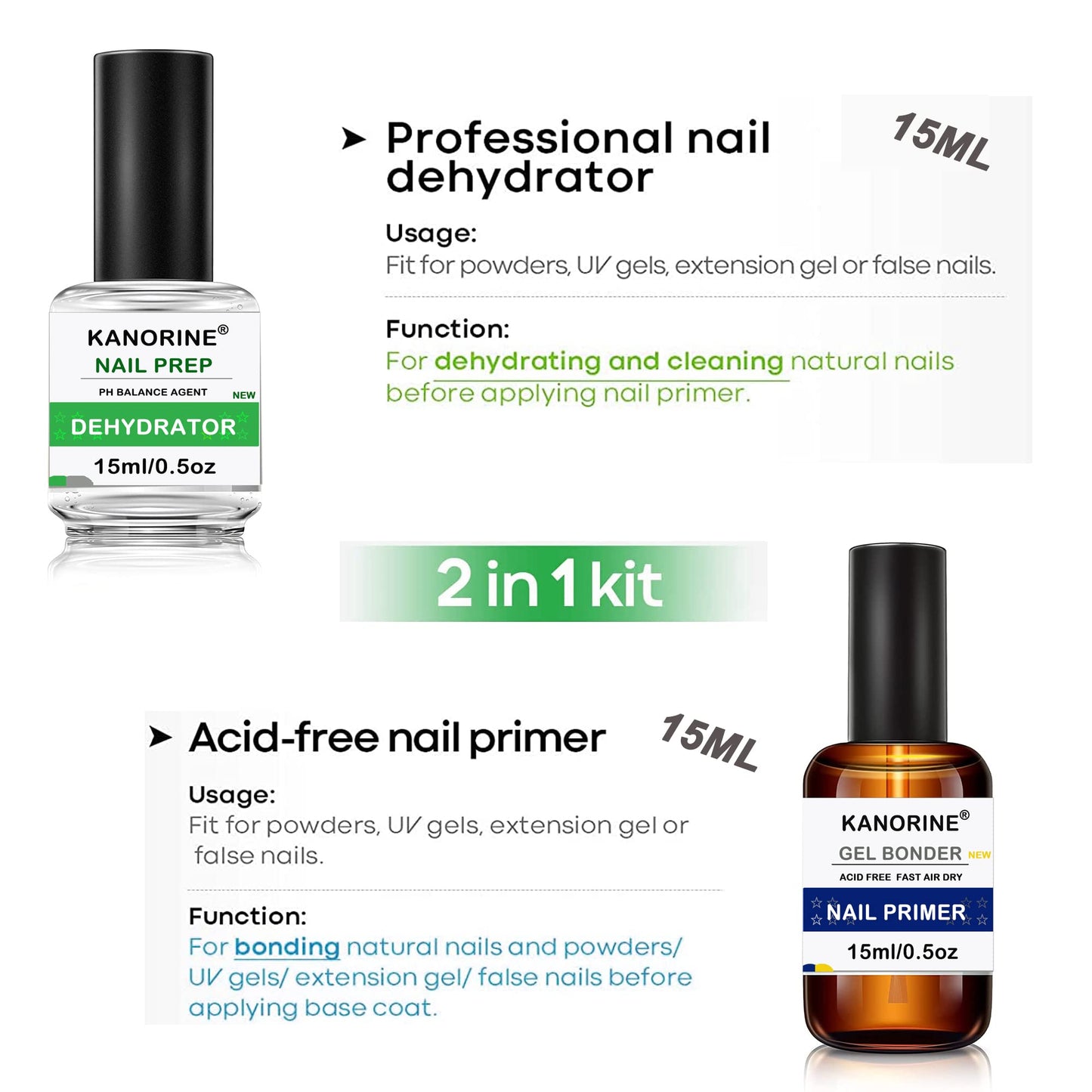 Kanorine Nail Primer & Nail Prep Dehydrate Set Gel Nail Polish Bonding Helper Dehydrator & Bond Primer, Nail Protein Bond, Superior Bonding Primer for Acrylic Powder 2X15ml/0.5oz