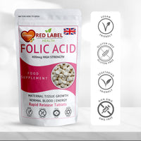 Red Label Health Folic Acid 400 mcg Tablets, 120 Vitamin B9 Tablets (4 Months Supply), Folate Fertility Supplement for Women, Vegan, Vegetarian, Supports Maternal Tissue Growth, Made in The UK