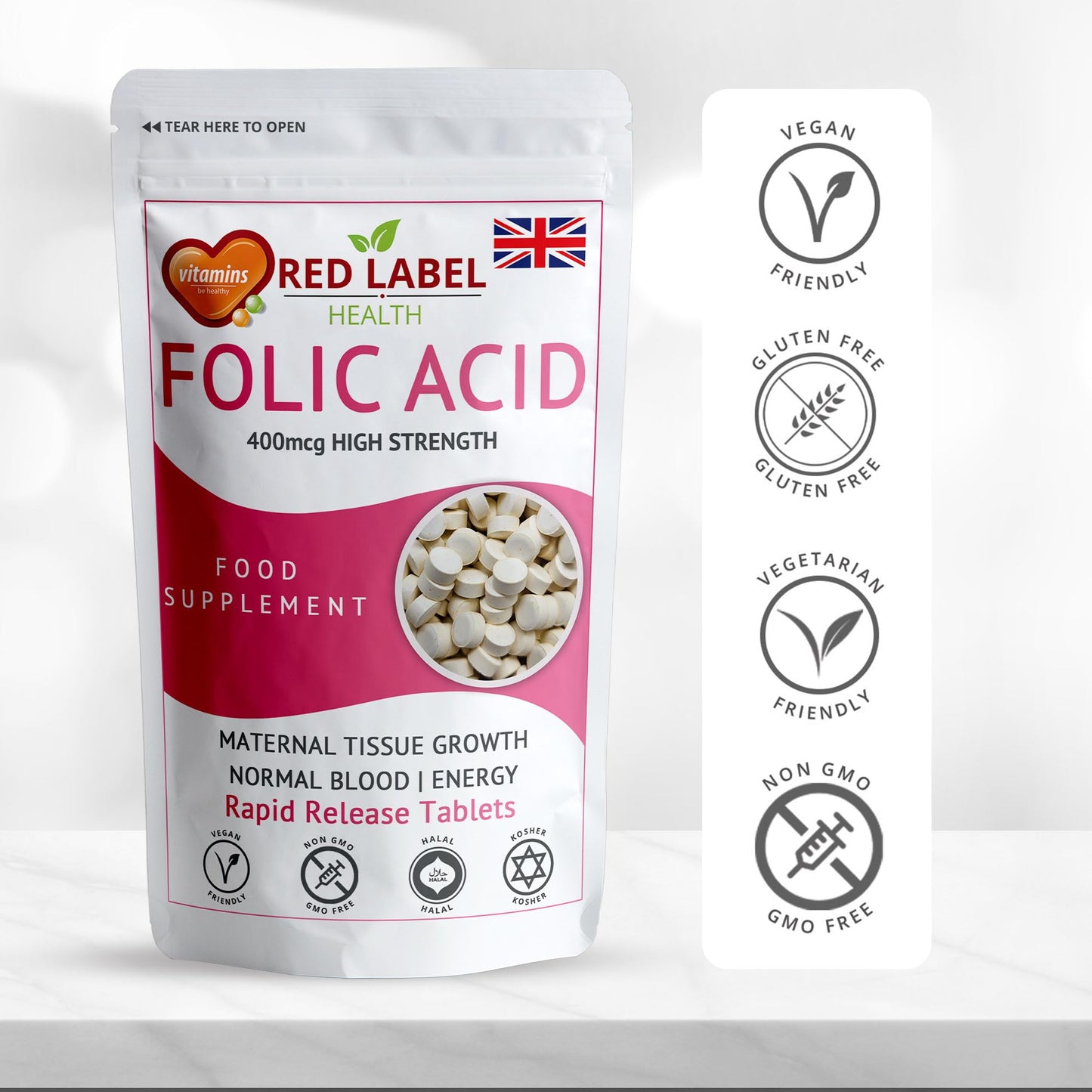 Red Label Health Folic Acid Tablets 400 mcg - 200 Vegan Vitamin B9 Tablets Pregnancy Care - Normal Function of Immune System & Maternal Tissue Growth During Pregnancy - Made in The UK