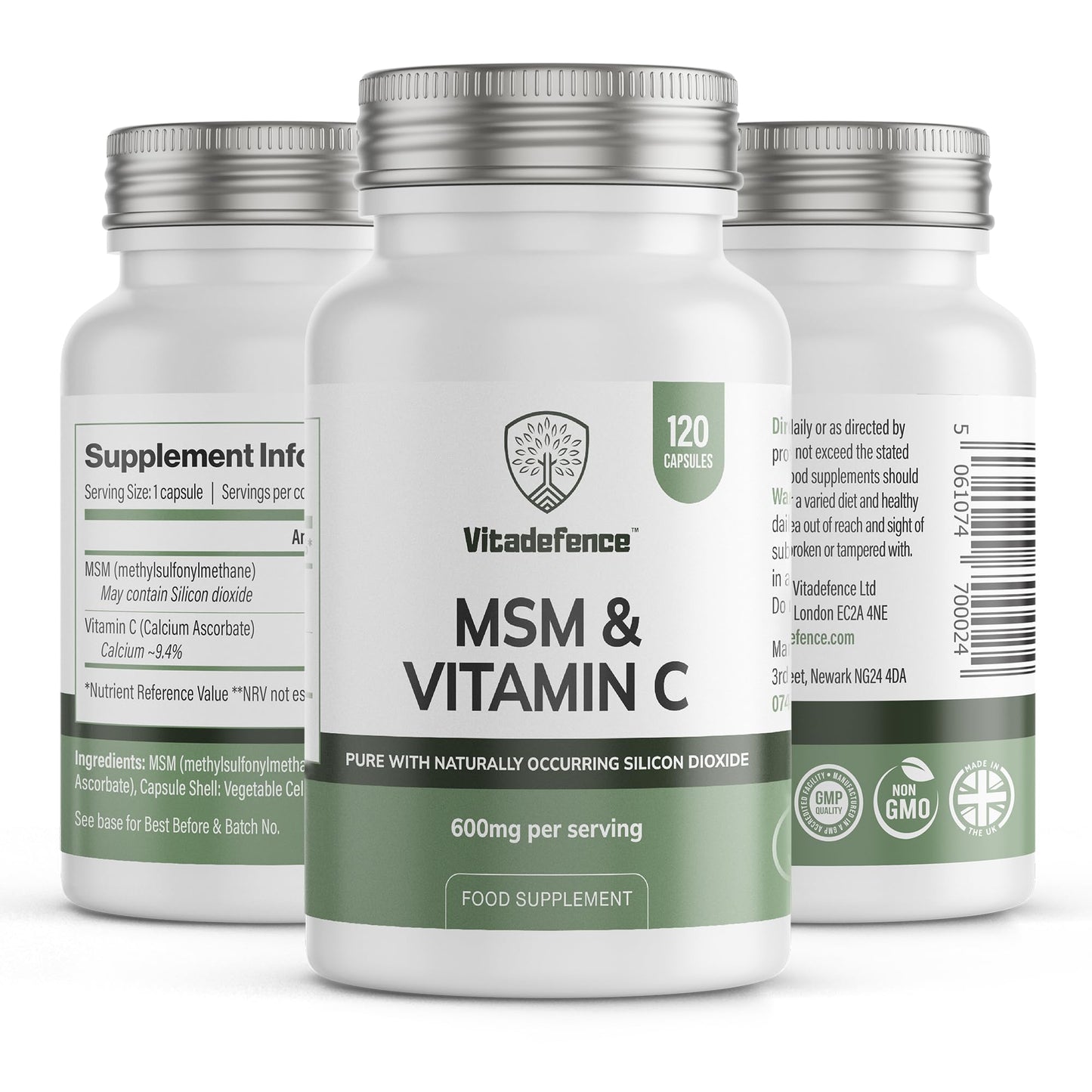 Vitadefence MSM & Vitamin C Supplement, 120 Capsules, 600mg per Serving, with Naturally Occurring Silicon Dioxide