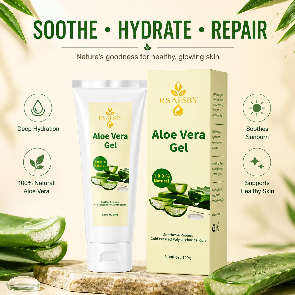 RSAFSBY 100% Natural Aloe Vera Gel for Face, Body & Hair - 100g Cold Pressed - Soothing, Hydrating & Repairing - Relieves Dry Skin, Sunburn, Blemishes & Itchy