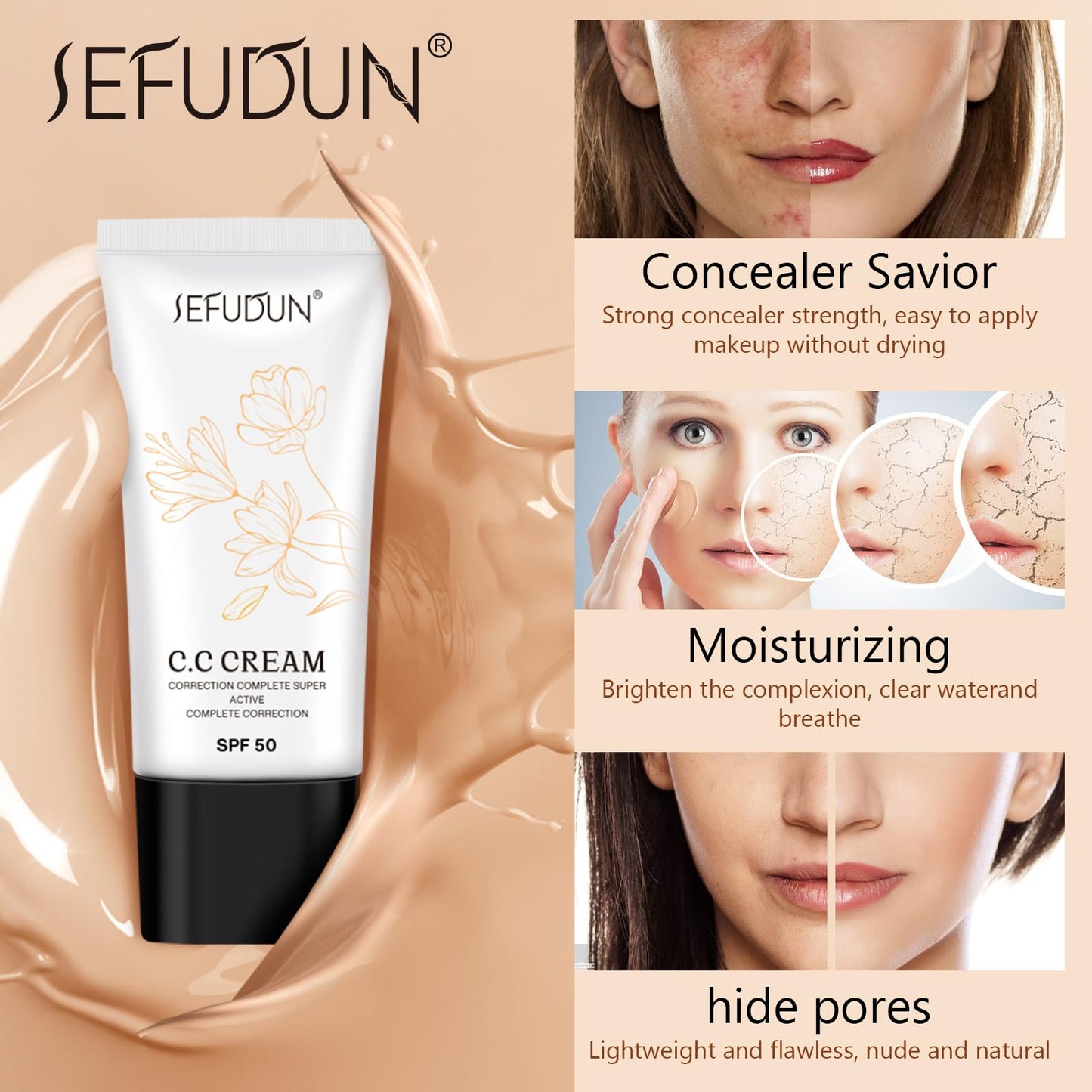 EONFAVE CC Cream - CC Cream Foundation - CC Cream Lightweight Skin Perfector Tinted Moisturiser - Full Coverage Invisible Pores Face Concealer Makeup CC Cream Light with SPF 50