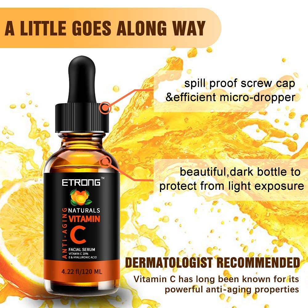 Vitamin C Serum Face with Hyaluronic Acid,Vitamin E,20% Vitamin C for Anti-wrinkle,Dark Circle,Fine Lines and Sun damage – Restore&Boost Collagen (120 ML)
