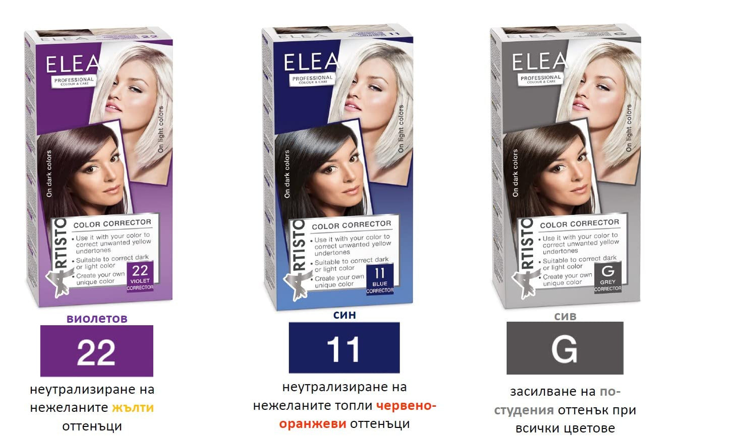 Elea Professional Artisto Colour Corrector 120 ml | Use it with your colour to correct unwanted yellow undertones | Suitable for correcting dark or light colours (G Grey)