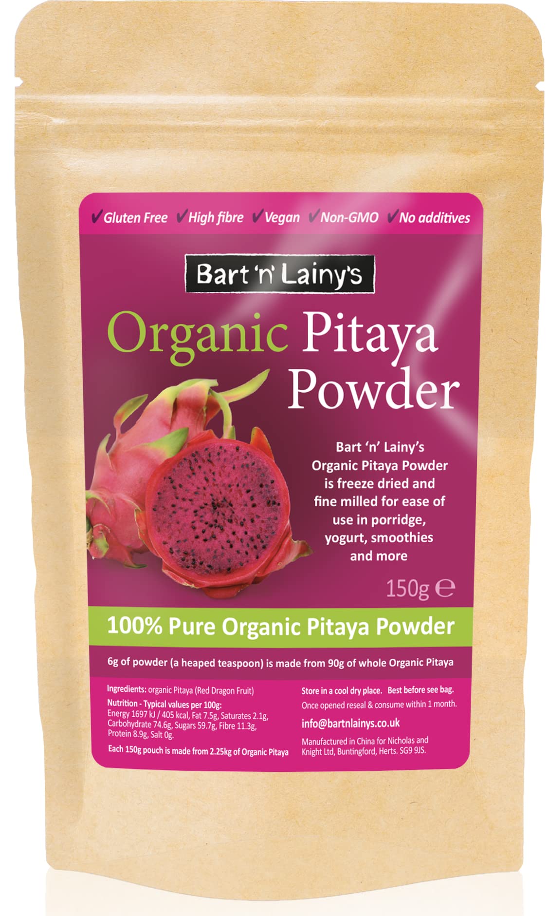 Organic Pitaya Powder, Bart 'n' Lainy's 100% Pure Organic Pitaya Powder aka red Dragon Fruit Powder 150g