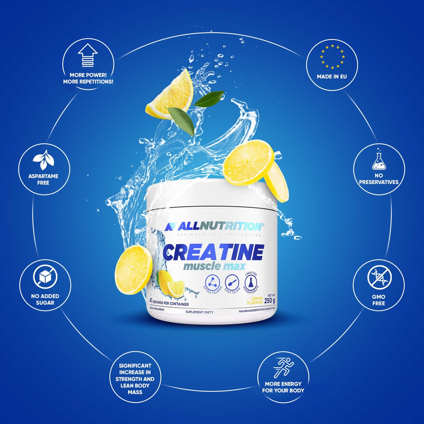 ALLNUTRITION Creatine Muscle Max Food Suplement - Creatine Monohydrate with Taurine - Performance Boost and Muscle Recovery - No Added Sugar - Instant Powder 250g - Lemon
