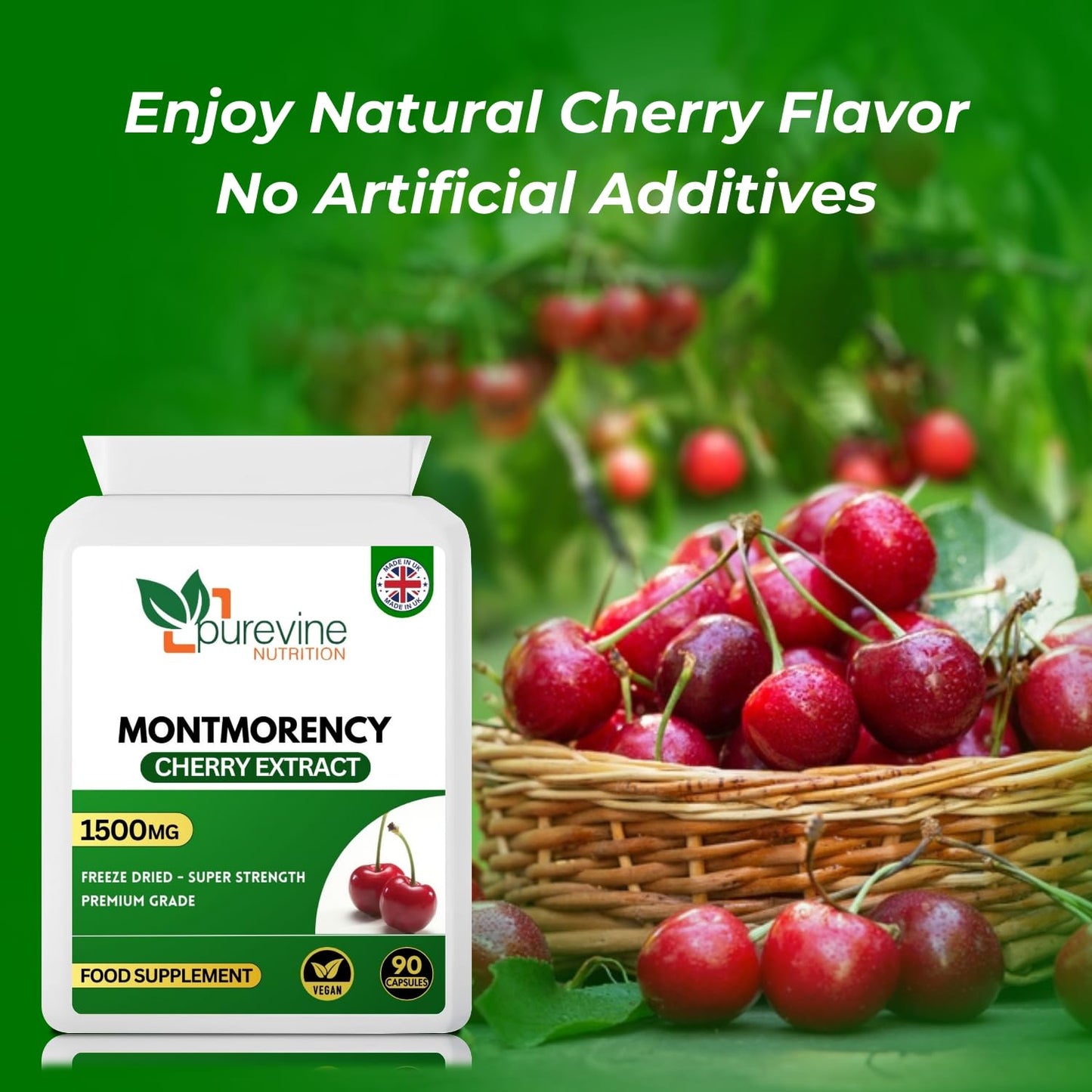 Montmorency Cherry 1500 mg, 90 Capsules, 100% Natural High Strength Freeze Dried Montmorency Cherries with No Additives, Purevine Nutrition