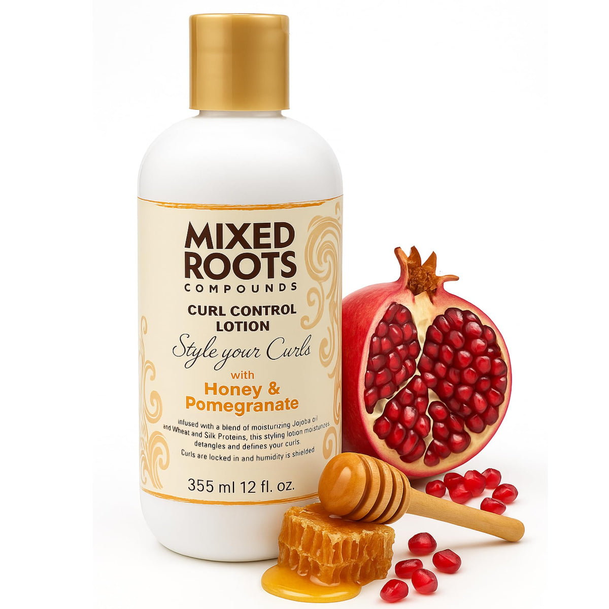 Mixed Roots Curl Control Lotion Honey & Pomegranate – Lightweight Leave‑In Styling Lotion with Jojoba, Wheat & Silk Proteins – Defines, Detangles & Hydrates Curls – Paraben‑Free, 355 ml