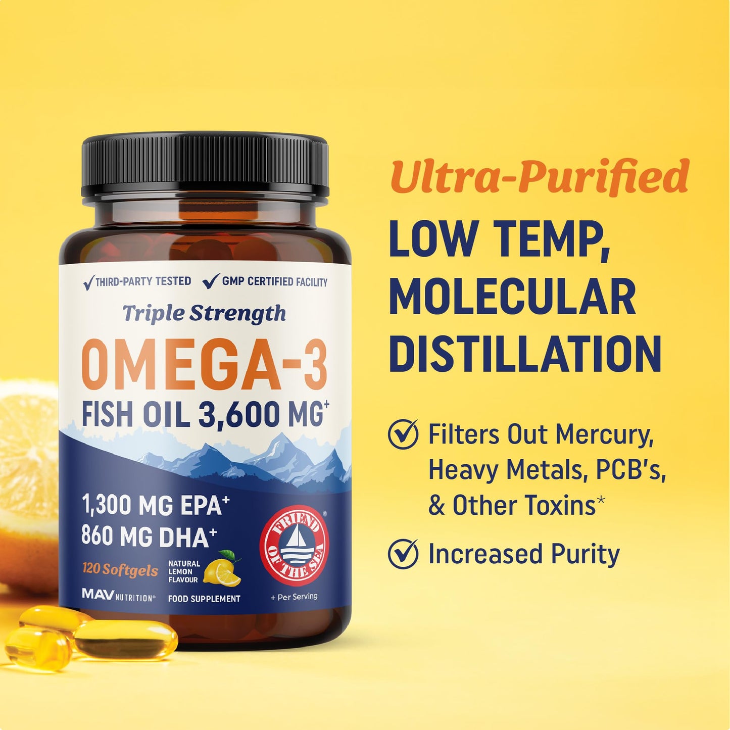 MAV NUTRITION Triple Strength Omega 3 Fish Oil 3600 mg | EPA & DHA | Over 2100mg Omega-3 Fatty Acids | 1300mg EPA + 860mg DHA | Best Essential Fatty Acids | Premium Wild Caught & Burpless Fish Oil | 120 Ct