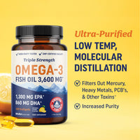 MAV NUTRITION Triple Strength Omega 3 Fish Oil 3600 mg | EPA & DHA | Over 2100mg Omega-3 Fatty Acids | 1300mg EPA + 860mg DHA | Best Essential Fatty Acids | Premium Wild Caught & Burpless Fish Oil | 120 Ct