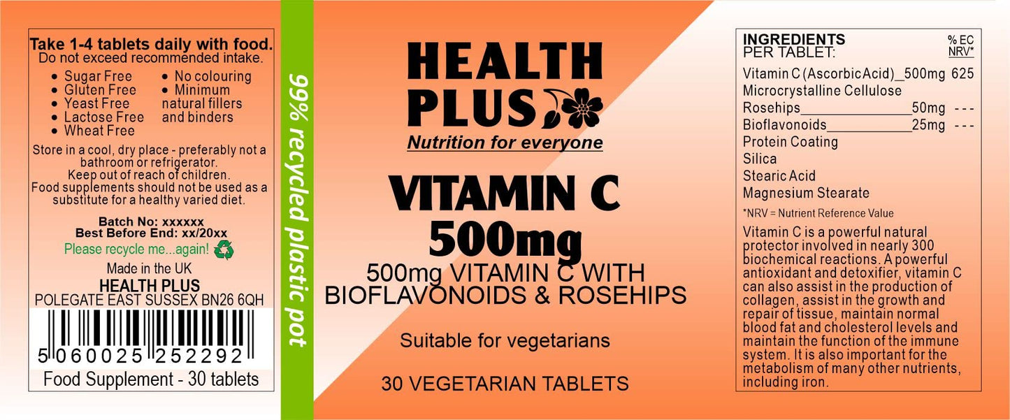 Health Plus Vitamin C 500mg : Vitamin C Supplement : 30 Tablets, in a Planet-friendy 99% Recycled Pot