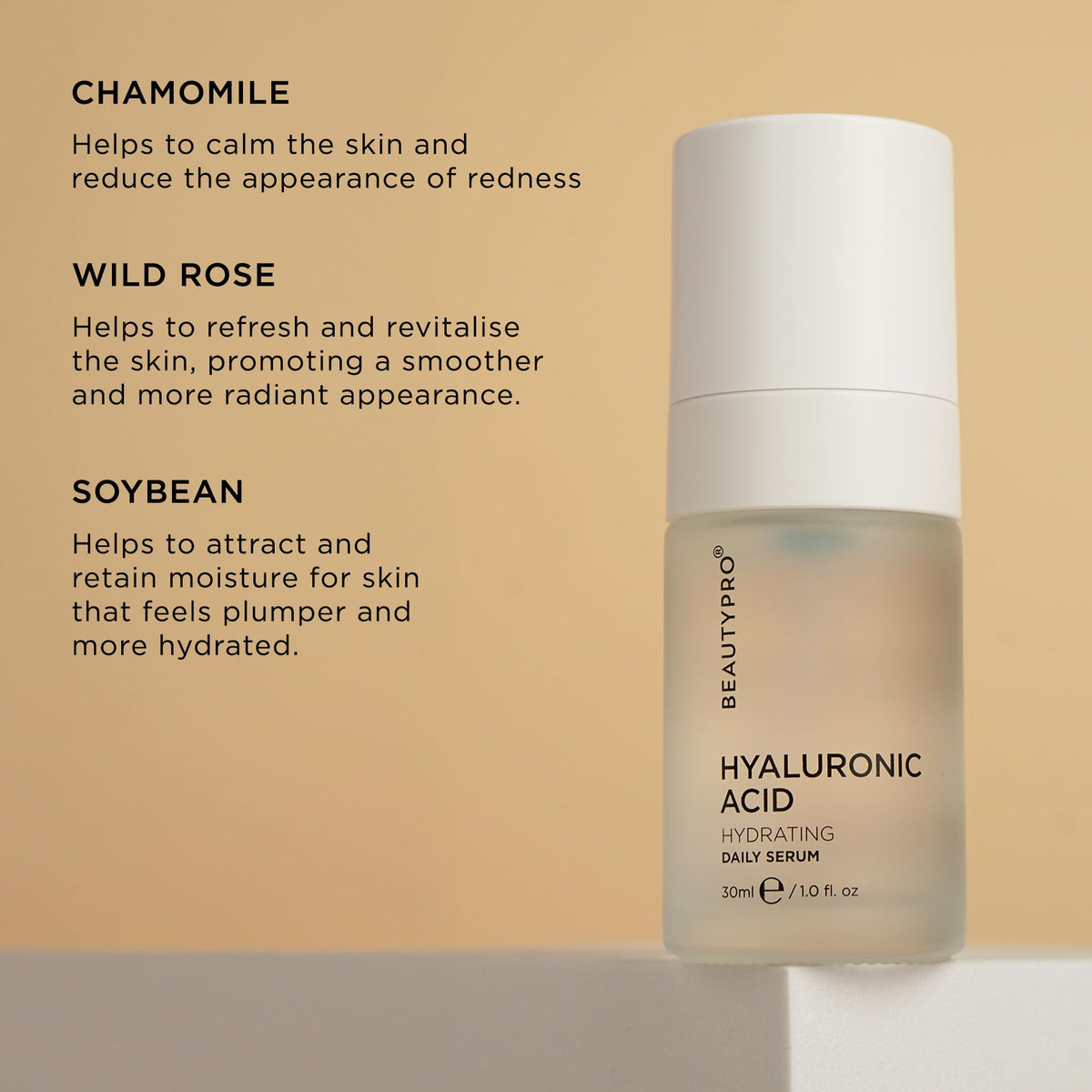 BeautyPro BEAUTYPRO HYALURONIC ACID Serum Daily Face Cream Anti-Ageing Hydrating Antioxidant Anti-Inflammatory Natural Vegan Skincare 100% Plant Based Soybean & Chamomile Multi Award Winning Brand 30ml
