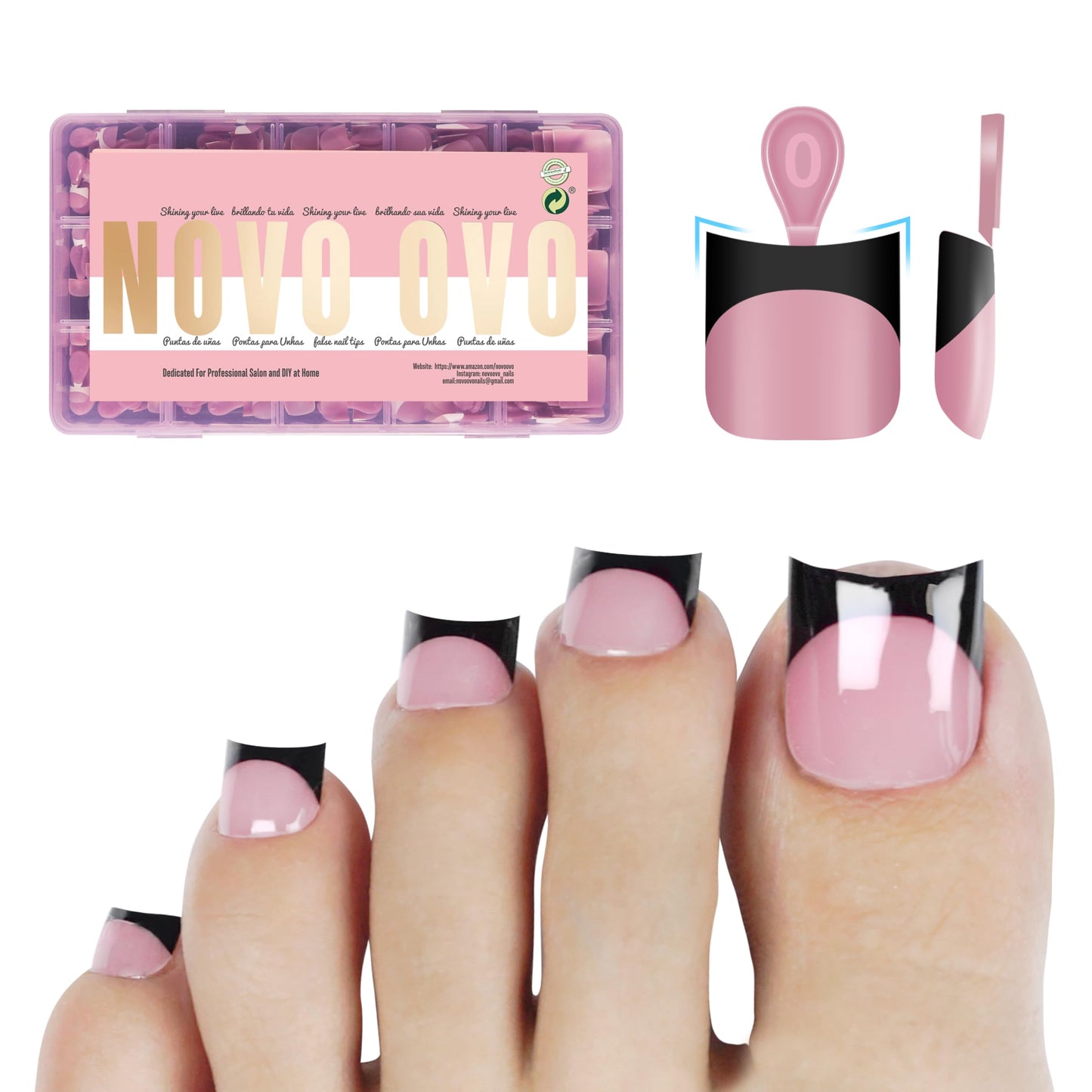 NOVO OVO Short Toe Nail Tips Black French Tip Press on with Moon Curve, BERRY PINK Thick Sharp Square Toenail Extension, Soft Gel False Nail Kit, Need Builder Gel Top Coat, No Glue Included x15 Sizes 240 pcs