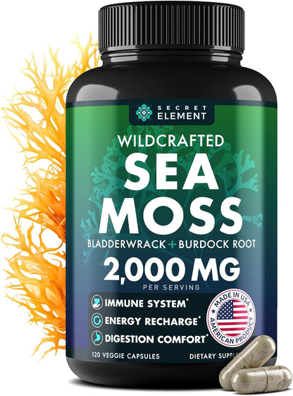 Secret Element Irish Sea Moss Advanced with Burdock Root, Bladderwrack & Muira Puama, 120 Caps