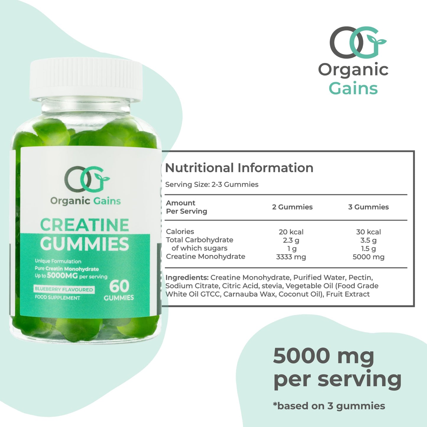 Organic Gains OG Creatine Monohydrate Gummies 5000mg for Men & Women - 60 Chewable Creatine Gummies - Natural Blueberry Flavoured, Pre Workout Gym Supplement, Suitable for Vegans