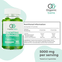 Organic Gains OG Creatine Monohydrate Gummies 5000mg for Men & Women - 60 Chewable Creatine Gummies - Natural Blueberry Flavoured, Pre Workout Gym Supplement, Suitable for Vegans