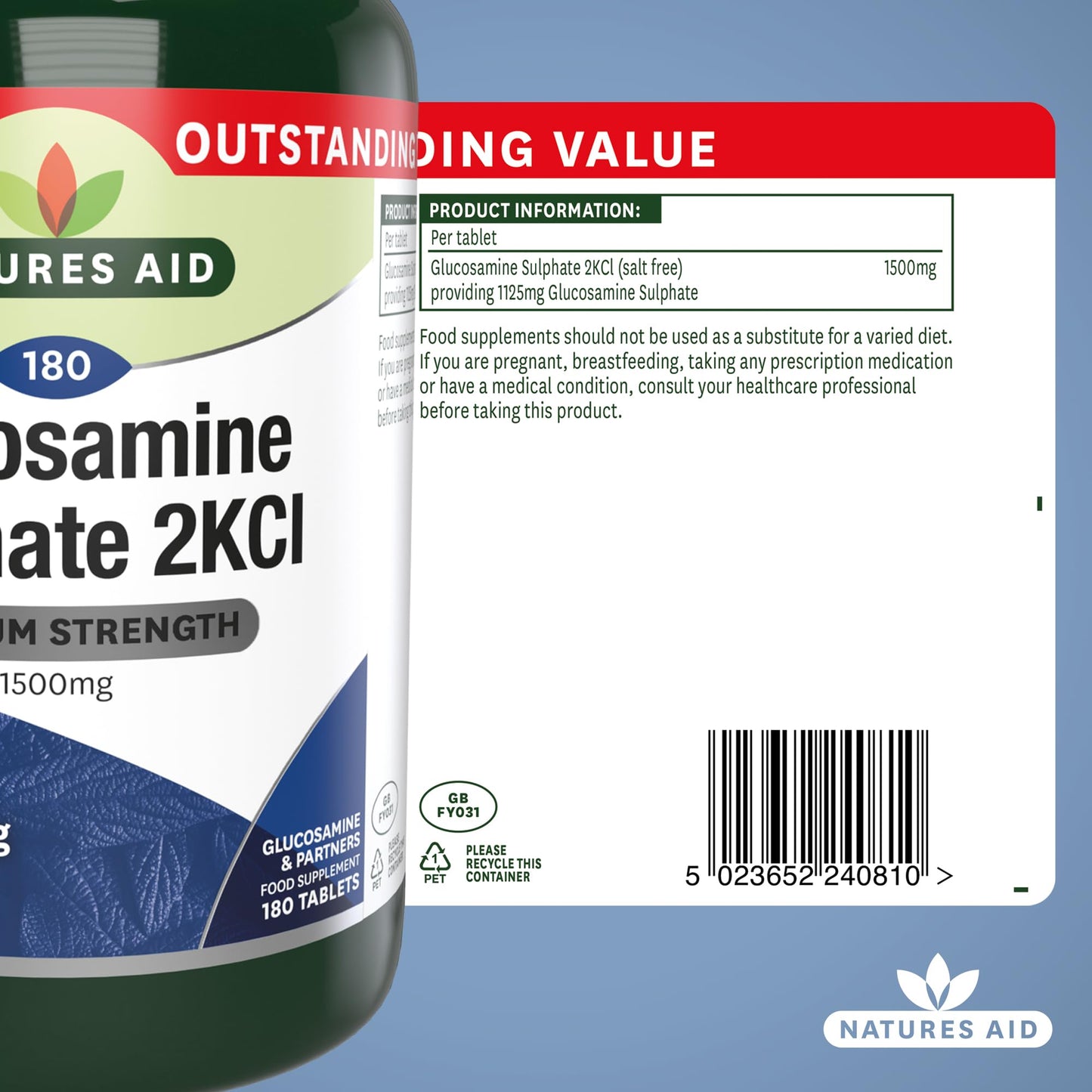 Natures Aid Glucosamine Sulphate 2KCl 1500mg – High Strength Joint Support – Helps Mobility & Flexibility – Non-GMO, Gluten-Free – Natural Supplement – 180 Tablets