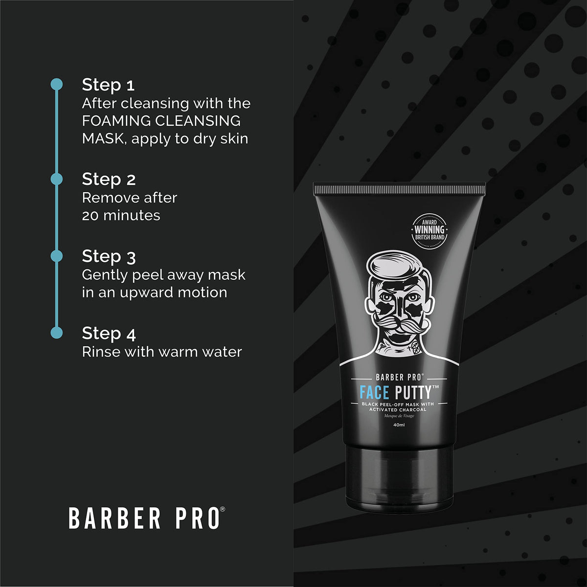 BARBER PRO Face Putty Peel Off Mask with Activated Charcoal | Detoxifying, Cleansing, & Brightening | Peel Off Face Masks | Mens Skincare |