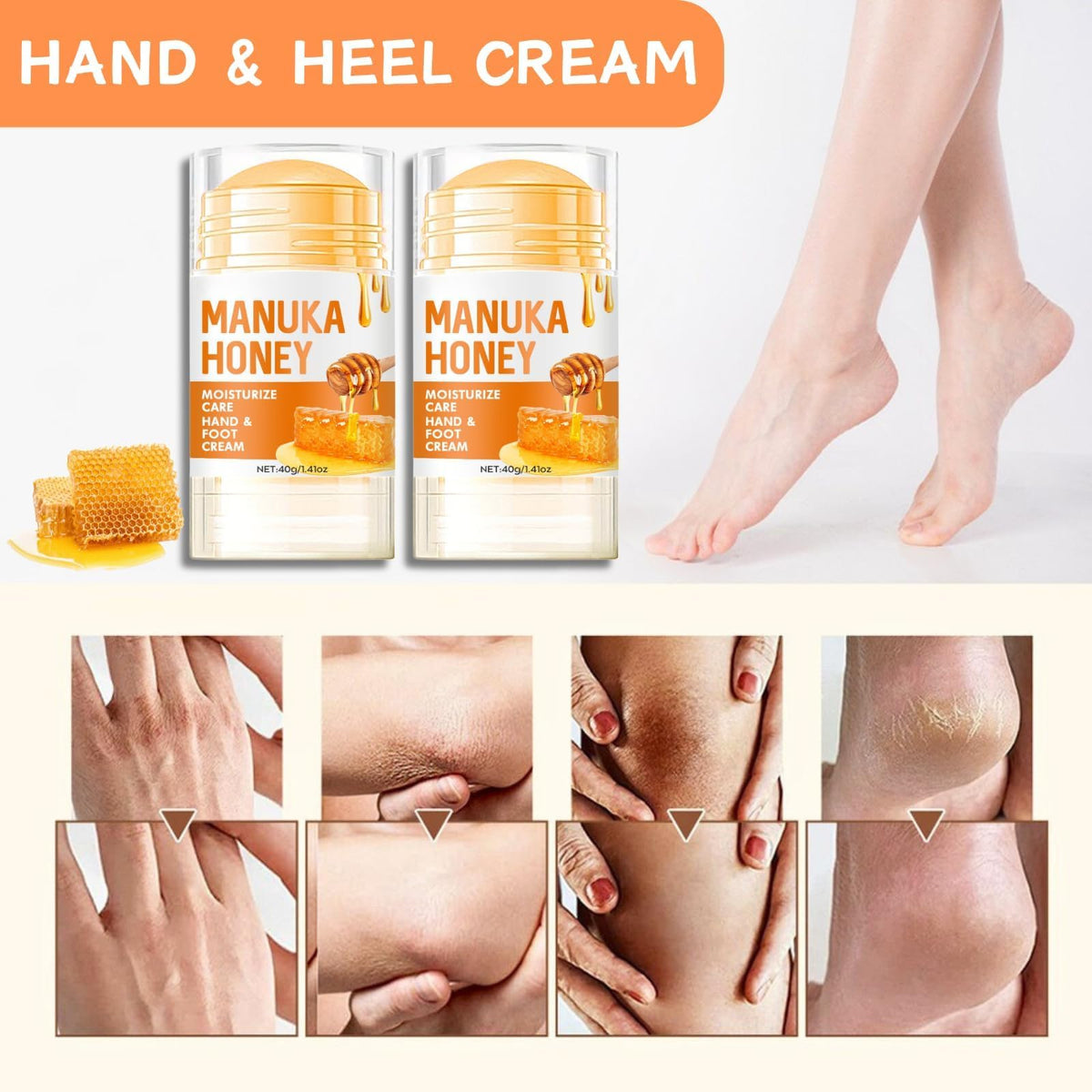 OunTechGlory Intensive Honey Foot Cream for Dry Hands & Feet - Deep Hydration, Fast-Acting - Cracked Heel Repair, Moisturizing for Women & Men (40g)