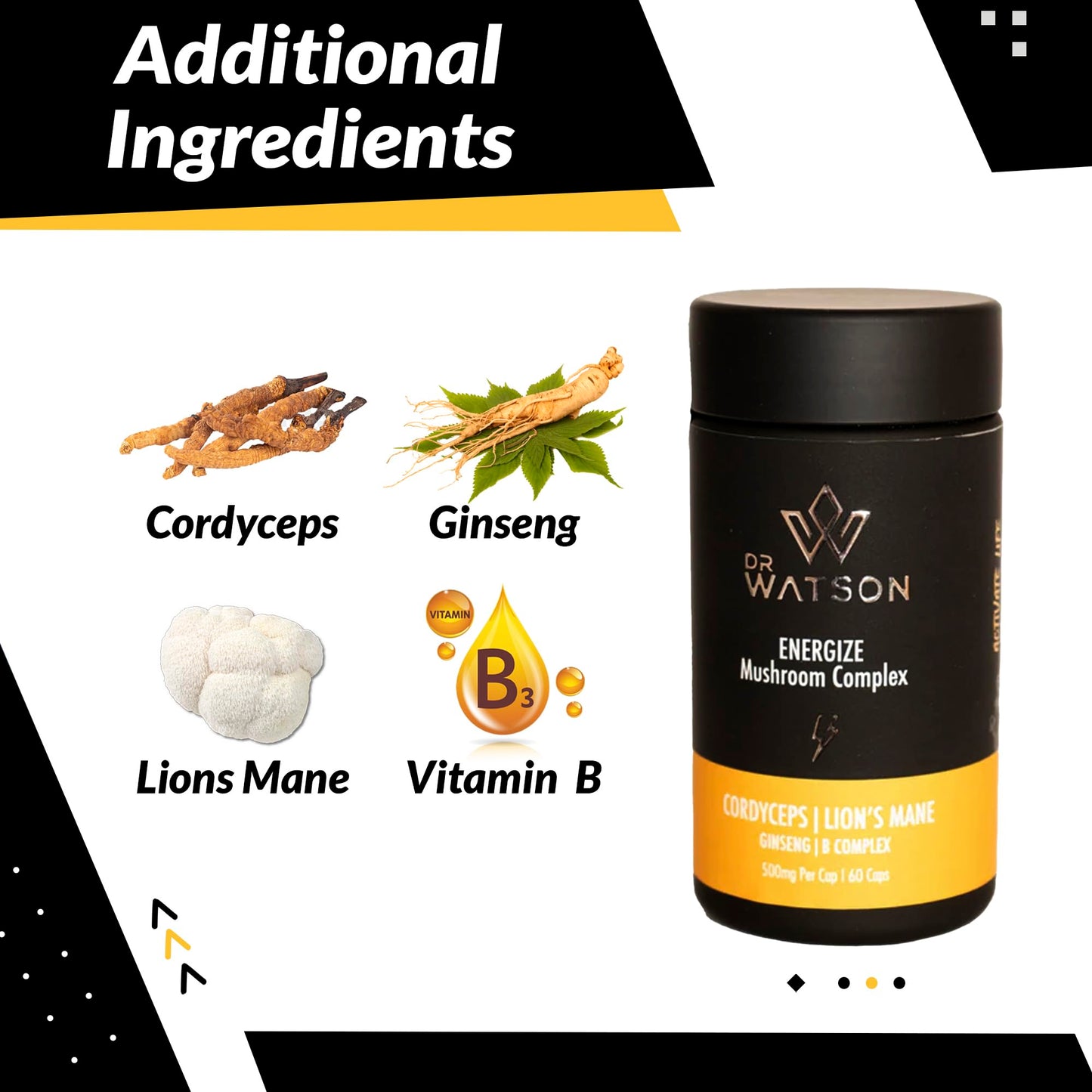 Dr Watson Energize Max Mushroom Supplement & Multivitamin Capsules| Cordyceps Lions Mane Vitamin B Complex Ginseng | Boost Your Performance | 60 Capsules