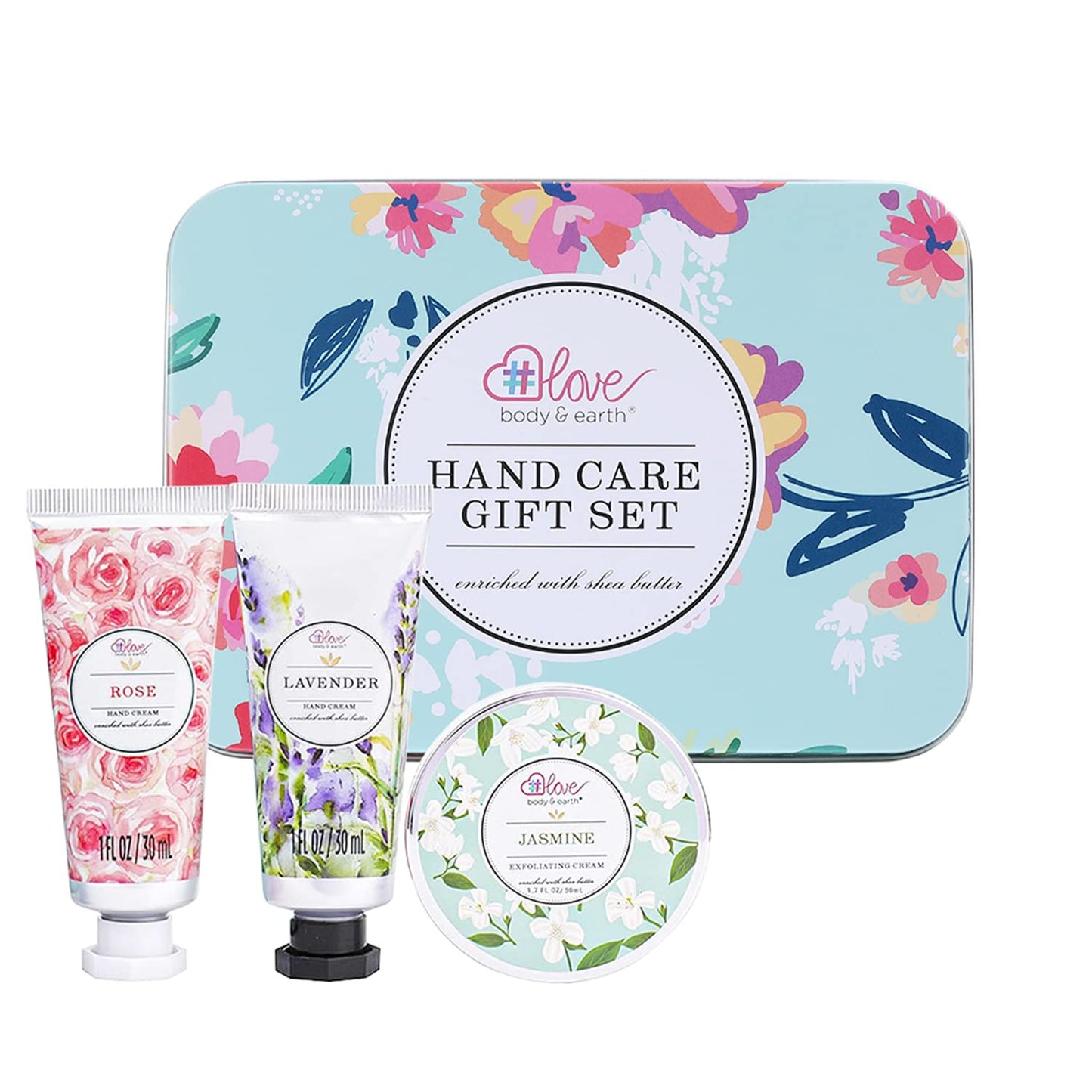 BODY & EARTH # LOVE Hand Care Gift Set for Women - Travel Size Gift Set, Hand Cream Kit with Rose Hand Lotion, Jasmine Exfoliating Cream, Repair&Moisture Extra Dry Hands, Gift Set for Women Mother's Day