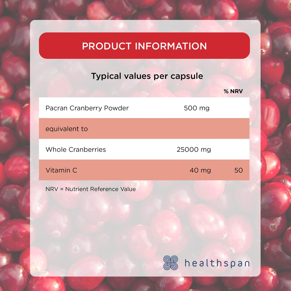 Healthspan Super Strength Cranberry (60 Capsules) | for Immune Health and Wellbeing | Equivalent to 25000 mg Whole Fresh Cranberries | Highly Concentrated Formulation | Added Vitamin C | Vegan
