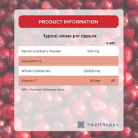 Healthspan Super Strength Cranberry (60 Capsules) | for Immune Health and Wellbeing | Equivalent to 25000 mg Whole Fresh Cranberries | Highly Concentrated Formulation | Added Vitamin C | Vegan