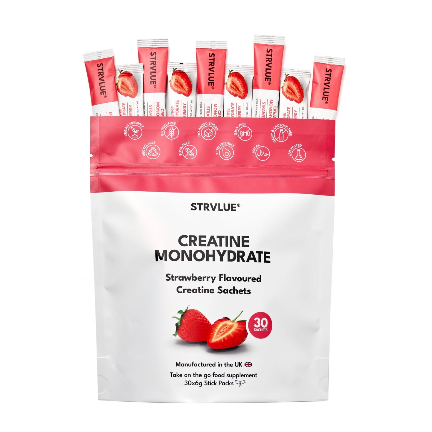 STRVLUE Creatine Monohydrate – 30 Sachets (5g Creatine Each) – Supports Muscle Growth, Strength & Power – Brain Health & Performance – Convenient On-The-Go Supplement – for Men & Women – Strawberry