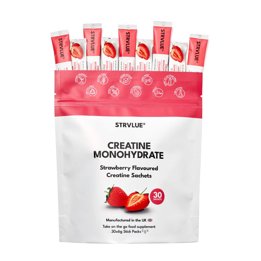 STRVLUE Creatine Monohydrate – 30 Sachets (5g Creatine Each) – Supports Muscle Growth, Strength & Power – Brain Health & Performance – Convenient On-The-Go Supplement – for Men & Women – Strawberry